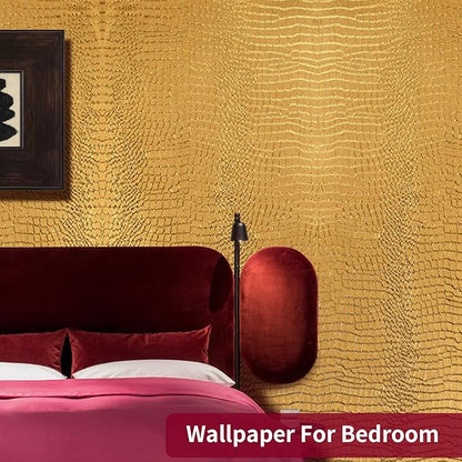 Peel & Stick Wallpaper - Gold Crocodile, 15.7" X 393", Removable, Easy Peel Off, Renter Friendly, Textured