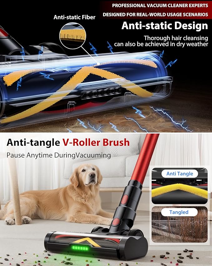 Cordless Vacuum Cleaner, 75Mins/55KPa/650W Self-Standing Stick Vacuum Cleaners for Home, Rechargeable, Lightweight, Anti-Static&Anti-Tangle Brush, for Hard Floor, Carpet, Hardwoods, Pet Hair
