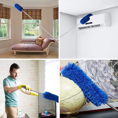 Cobweb Duster with Extension Pole, Washable Cleaning Duster Kit with 2 Duster Heads, Cobweb Duster, Corner Brush, Aluminum Telescoping Pole for Ceiling Fan (Blue)