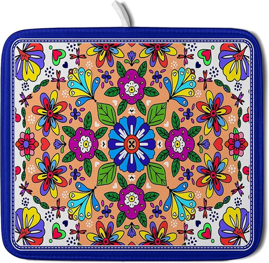 Mexican Talavera Dish Drying Mat Navy Blue Microfiber Dish Drain Pad for Kitchen Decor