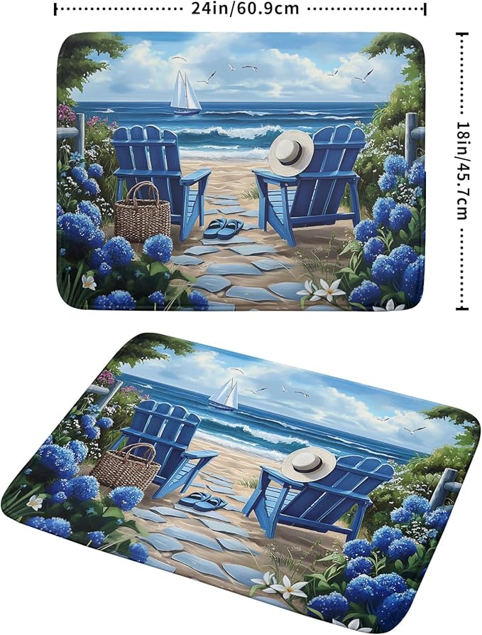 Summer Beach Dish Drying Mat 18x24 Inch Sea Shells Flowers Kitchen Mats Blue Microfiber Absorbent Dish Drainer Rack Mats Non-Slip Ocean Themed Sink Dishes Pad for Kitchen Counter Coffee Bar
