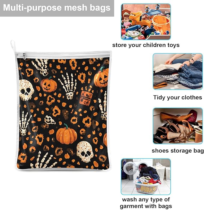 Mesh Laundry Bags Lingerie Bags for Washing Delicates 2 PCS Durable Wash Bag with Zipper Small and Medium Washable Halloween Leopard Pumpkin Skull Brown