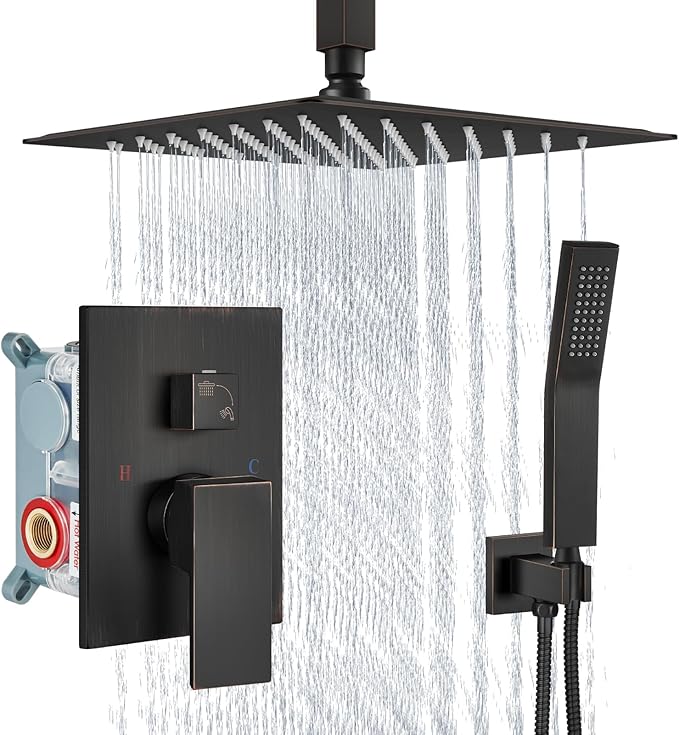 Aolemi Ceiling Mount Shower System Rain Shower Head with Handheld Spray High Pressure Shower Faucet Set Rough-in Valve Shower Trim Kit Included Bathroom Oil Rubbed Bronze 12 Inch Ceiling Shower Head