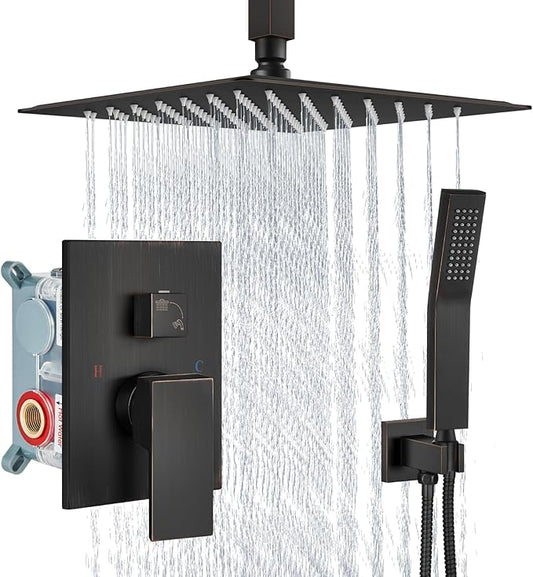 Aolemi Ceiling Mount Shower System Rain Shower Head with Handheld Spray High Pressure Shower Faucet Set Rough-in Valve Shower Trim Kit Included Bathroom Oil Rubbed Bronze 12 Inch Ceiling Shower Head