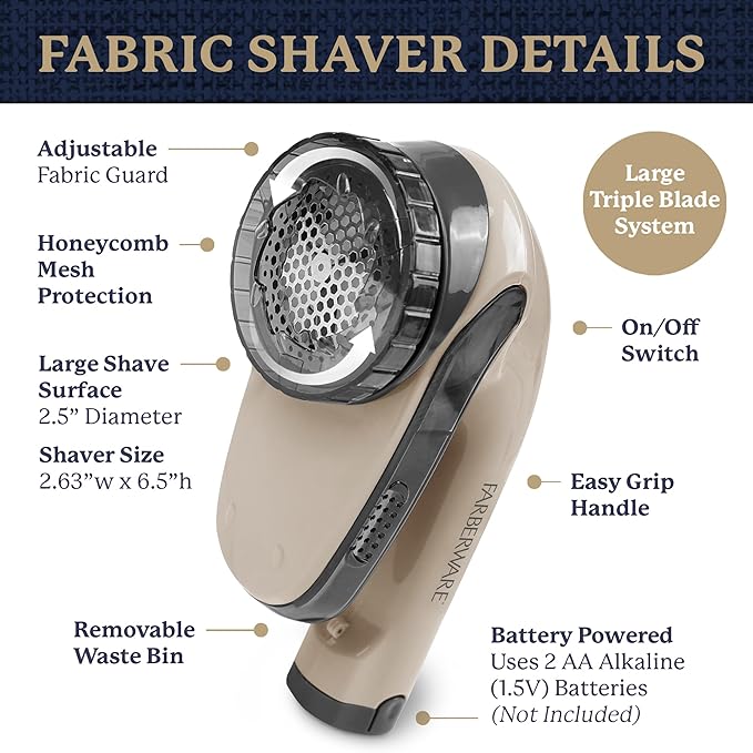 Farberware Large Lint Remover Fabric Shaver – Battery Operated Lint Shaver with Triple Blades for Clothes, Sweater Shaver to Remove Fuzz, Lint Balls, Pilling for Clothing, Couch, Furniture