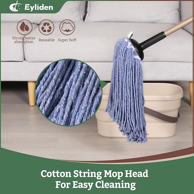 Eyliden Heavy Duty Floor Mop with Non-Touch Replacement | 2 Reusable Cotton Heads + 4 Scouring Pads | Wet & Dry Mops for Home & Commercial, Kitchen, Garage & Office Floor Cleaning, Blue