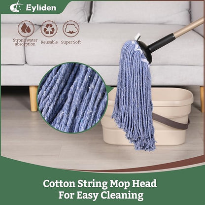 Eyliden Heavy Duty Floor Mop with Non-Touch Replacement | 2 Reusable Cotton Heads + 4 Scouring Pads | Wet & Dry Mops for Home & Commercial, Kitchen, Garage & Office Floor Cleaning, Blue