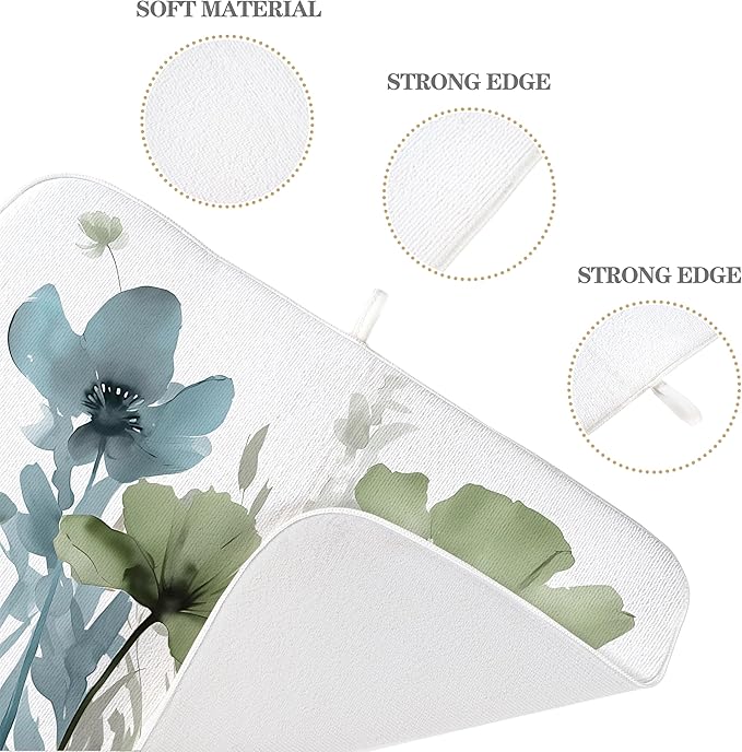 Spring Dish Drying Mat 18x24 Inches For Kitchen Counter Absorbent Blue Green Floral Kitchen Decoration Drying Mat Summer Flower Decorative Pad For Home Kitchen,Dining Room,Office Decoration