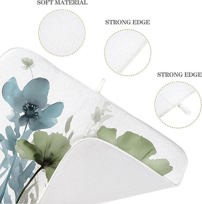 Spring Dish Drying Mat 18x24 Inches For Kitchen Counter Absorbent Blue Green Floral Kitchen Decoration Drying Mat Summer Flower Decorative Pad For Home Kitchen,Dining Room,Office Decoration
