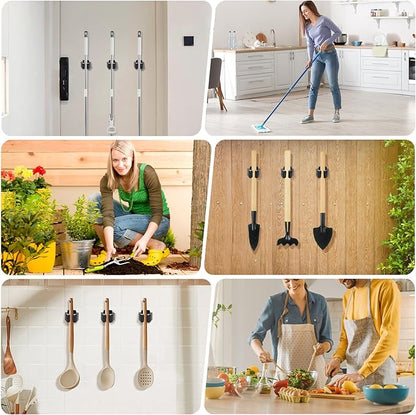 Broom Holder Wall Mount, 12PCS Broom Hanger Wall Mount, Stainless Steel Heavy Duty Mop Holder Broom Mop Hanger Wall with Screws, Garden Outdoor Tool Organizer Rack Broom Hanger (Black)