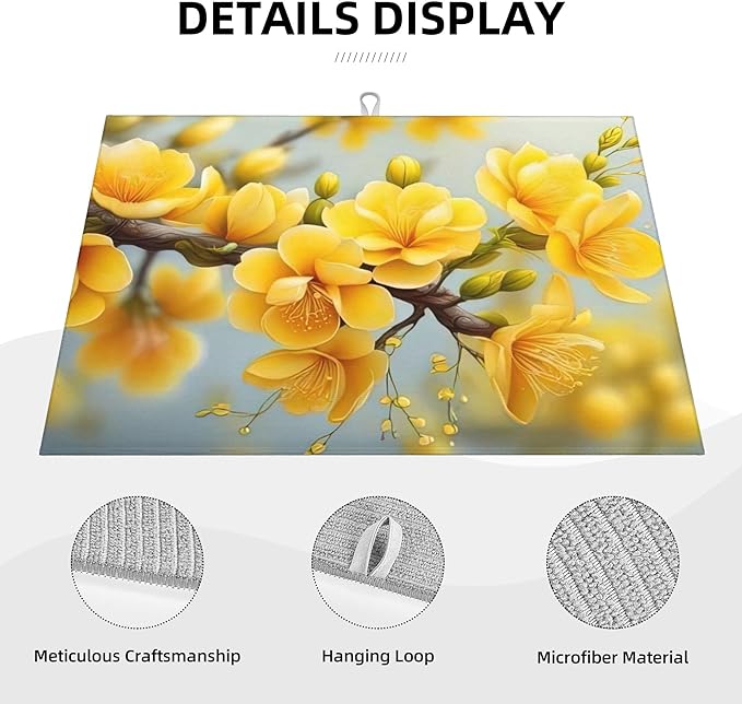 Yellow Flower Dish Drying Mats for Kitchen Counter, Absorbent Reversible Microfiber Dish Drying Pad, Multi-Use Large Drying Mat Coffee Bar Accessories 18"x24"