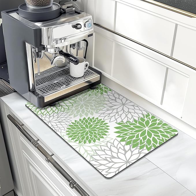 Findosom 2PCS 12" x 20" Dish Drying Mat & 24" x 5.5" Sink Splash Guard, Super Absorbent & Cuttable Dish Mat Drying Kitchen Mat with Green Floral, Hide Stain Drying Mat for Kitchen Counter