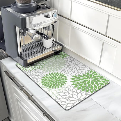 Findosom 2PCS 12" x 20" Dish Drying Mat & 24" x 5.5" Sink Splash Guard, Super Absorbent & Cuttable Dish Mat Drying Kitchen Mat with Green Floral, Hide Stain Drying Mat for Kitchen Counter