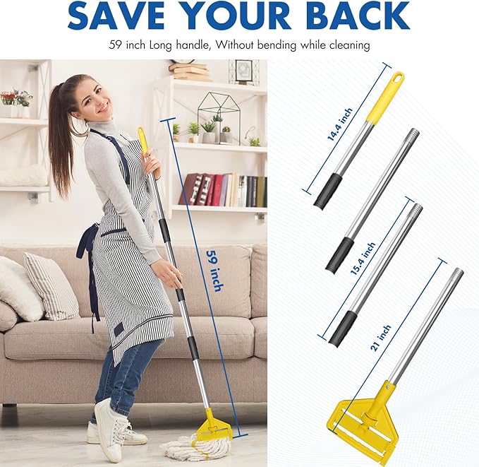 KULED Heavy Duty Industrial Mop, Commercial Cotton Mop with 59 Inch Handle, Looped-End String Wet Mops with 2 Heads for Floor Cleaning, Workshop, Warehouse, Home and Garage
