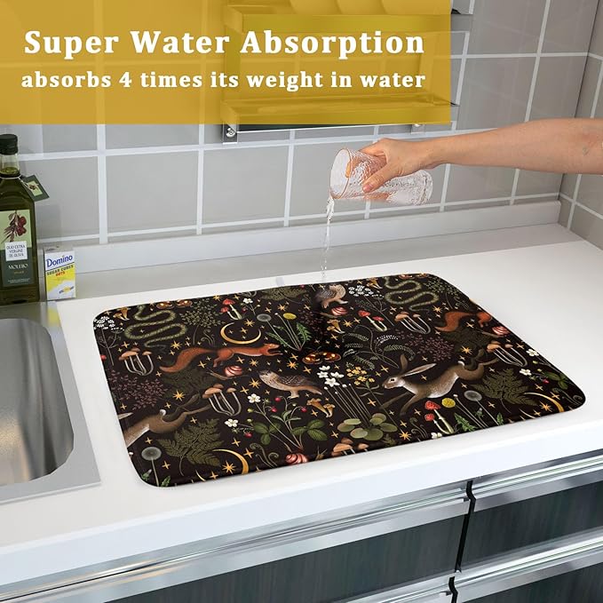 Black Mushrooms Butterfly Dish Drying Pad 18 x 24 Inch With Absorbent Reversible Microfiber Forest Wild Animals Flowers Moon Star Drying Mats Dish Drainer Mat Fast Dry For Kitchen Dining Room