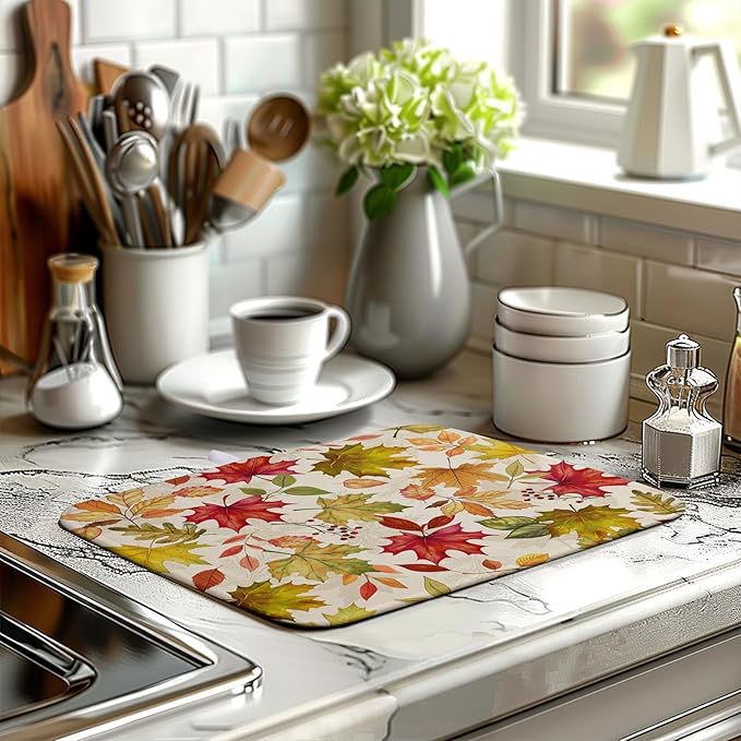 Fall Drying Mat for Kitchen Counter 16 x 18 Inch Maple Leaves Autumn Thanksgiving Harvest Dish Drying Mats Absorbent Microfiber Dish Draining Washable Reversible Dishes Pad