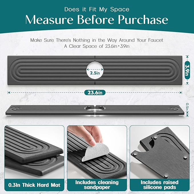 eormoe Kitchen Sink Splash Guard – Stone Diatomite Faucet Drying Matt, Modern Kitchen Sink Accessories for Counter (Dark Grey, 23.6"x3.9")