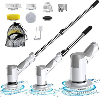Electric Spin Scrubber, Scrub Brush Dual Speed, Power Shower Scrubber with 6 Replacement Head, Cordless Cleaning Brush with Extension Handle for Bathtub Grout Tile Floor, White