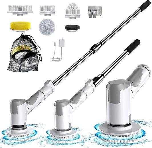 Electric Spin Scrubber, Scrub Brush Dual Speed, Power Shower Scrubber with 6 Replacement Head, Cordless Cleaning Brush with Extension Handle for Bathtub Grout Tile Floor, White
