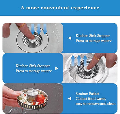 Kitchen Sink Drain Strainer, Upgraded 3 in1 Stainless Steel Metal Pop Up Sink Stopper, Kitchen Drain Plug & Cover with Anti-Clogging Basket Strainer, Fit US Standard Kitchen Drain(Silver)
