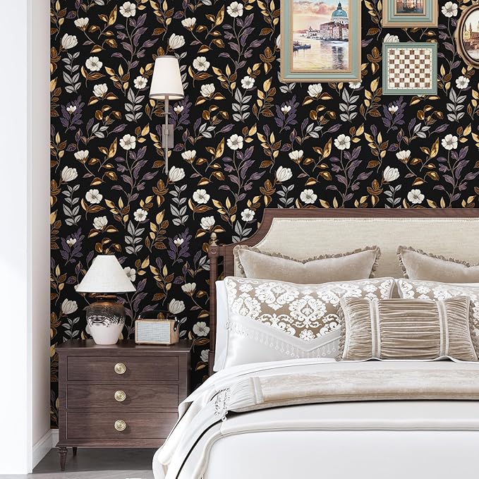 Fvlow Dark Floral Wallpaper Peel and Stick Vintage Gold Leaf Contact Paper Black Floral Wallpaper Waterproof Self-Adhesive Wall Covering for Bedroom Countertop Desk Cabinets 17.4" x 118"