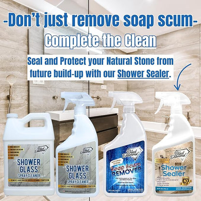 Shower Glass Spray Cleaner – Removes Hard Water Stains, Soap Scum & Water Spots – Glass Shower Door Cleaner for Tile & Bathroom Surfaces – Non-Abrasive, Fast Acting, Prevents Resoiling (128 oz)