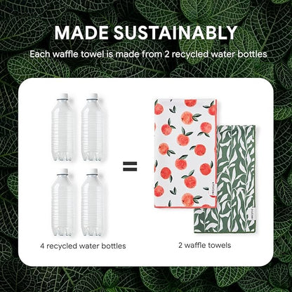 RECYCO Waffle Kitchen Towel Set of 2 - Quick Dry Microfiber Sustainable Dish Towels - Ultra Absorbent Reusable Cleaning Tea Towels - Lightweight Hand Towels,16”x 28”, Peachy Leaves