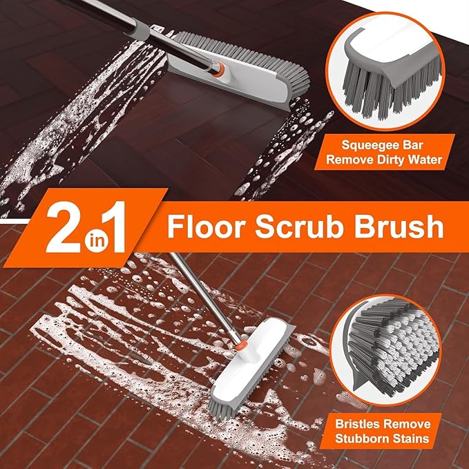BITOPE Deck Scrub Brush with Long Handle, Heavy Duty Floor Cleaning Brush Scrubber with Stiff Bristle for Concrete Tile Patio Garage Bathroom