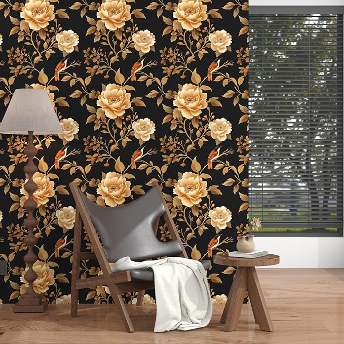 Laatse Vintage Floral Bird Wallpaper Peel and Stick Boho Wallpaper 17.5in x118in Black/Golden Floral Wall Mural Waterproof Self-Adhesive Modern Wall Paper for Bedroom Kitchen Cabinet Drawer Decor