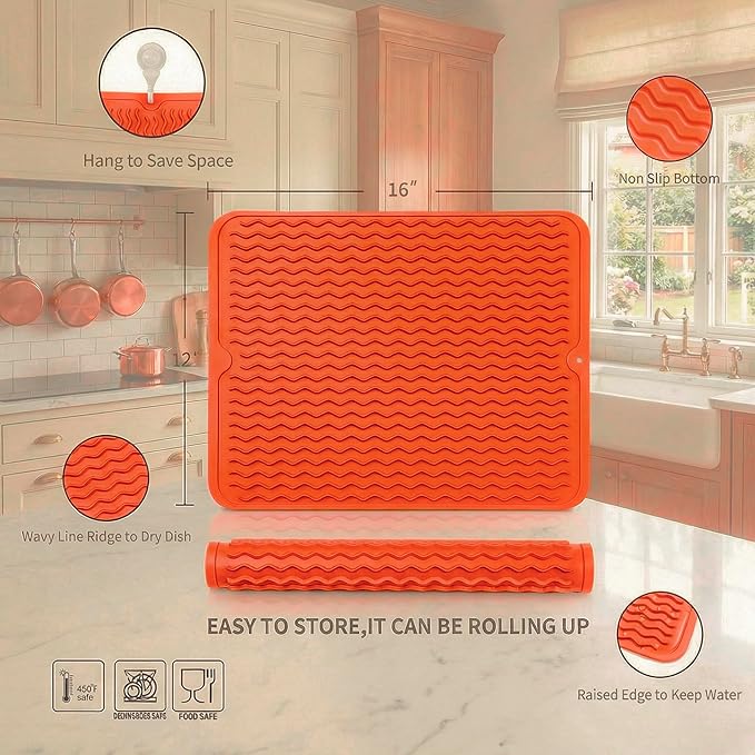 MicoYang Silicone Dish Drying Mat for Multiple Usage,Easy clean,Eco-friendly,Heat-resistant Silicone Mat for Kitchen Counter or Sink,Refrigerator or drawer liner Orange L 16 inches x 12 inches