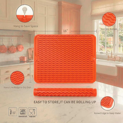 MicoYang Silicone Dish Drying Mat for Multiple Usage,Easy clean,Eco-friendly,Heat-resistant Silicone Mat for Kitchen Counter or Sink,Refrigerator or drawer liner Orange L 16 inches x 12 inches