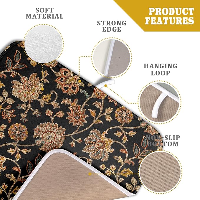 Vintage Tapestry Floral Dish Drying Pad 16 x 18 Inch With Absorbent Reversible Microfiber Black Brown Boho Carpet Flowers Drying Mats Dish Drainer Mat Fast Dry For Kitchen Dining Room Decoration