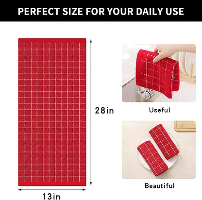 Homaxy 100% Cotton Terry Kitchen Towels(Red, 13 x 28 inches), Checkered Designed, Soft and Super Absorbent Dish Towels, 12 Pack