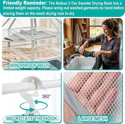 3-Tier Folding Mesh Clothes Drying Rack, Hanging Sweater Dryer for Laundry, Large Foldable Flat Dry Hanger, Portable Mesh Clothes Drying Net for Delicate Garments