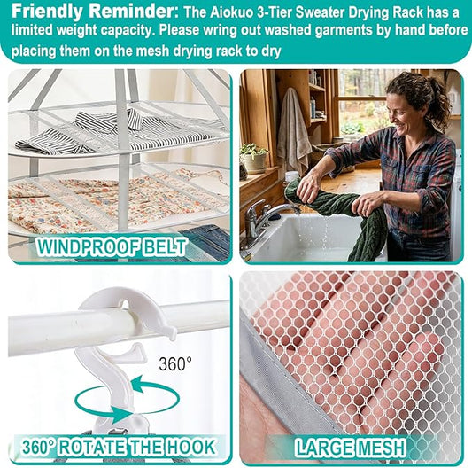 3-Tier Folding Mesh Clothes Drying Rack, Hanging Sweater Dryer for Laundry, Large Foldable Flat Dry Hanger, Portable Mesh Clothes Drying Net for Delicate Garments