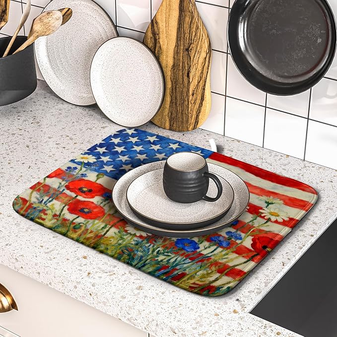 Patriotic American Flag Dish Drying Mat for Kitchen Counter 16x18 4th of July Red Blue White Floral Rustic Absorbent Reversible Microfiber Drying Mats Kitchen Countertop Protector Dishes Drainer Pad