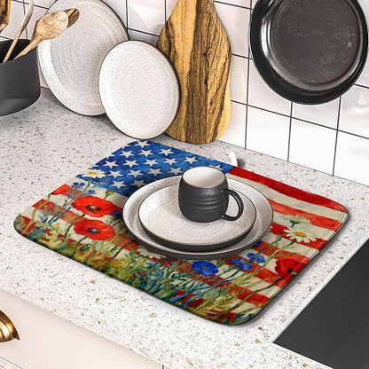 Patriotic American Flag Dish Drying Mat for Kitchen Counter 16x18 4th of July Red Blue White Floral Rustic Absorbent Reversible Microfiber Drying Mats Kitchen Countertop Protector Dishes Drainer Pad