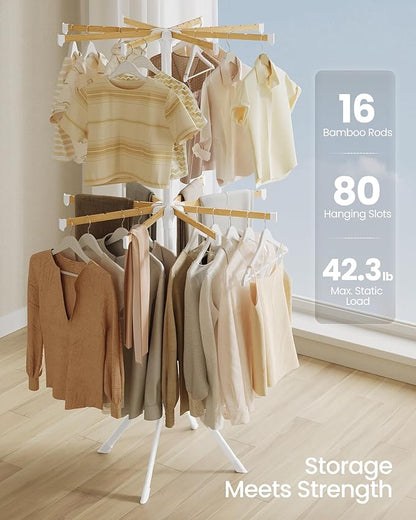 SONGMICS Clothes Drying Rack 2-Tier, with Bamboo Hanging Rods, Foldable Metal Laundry Rack, Space-Saving, Free-Standing Airer, Indoor Use, White and Natural ULLR517W01