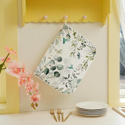 Spring Dish Drying Mat 18x24 Inches For Kitchen Counter Absorbent Green Floral Birds Leaves Kitchen Decor Drying Mat Summer Flower Decorative Pad For Home Kitchen Decor,Dining Room,Office Decor