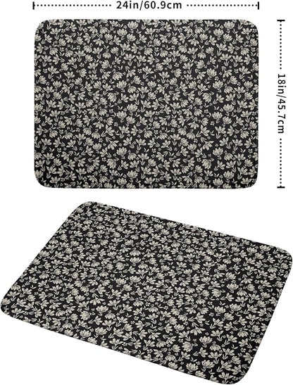 Floral Dish Drying Mat for Kitchen Counter 24x18 Inch Black Flower Drying Mat with Absorbent Reversible Microfiber Holiday Season Spring Dish Drainer Mats Rack Pad for Coffee Countertop Protector
