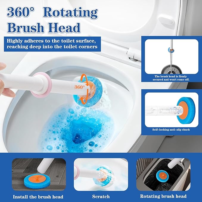 Disposable Toilet Brush, Auto-Ejecting, Includes 48 Enhanced Refills (24 Ocean, 24 Natural), Plus 3 Air-Purifying Scented Rings (Ocean, Rose, Lemon) 360° Dead-Angle-Free Cleaning