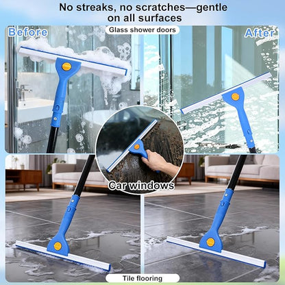 3-in-1 Professional Window Squeegee Kit with 2 Squeegee, 2 Microfiber Scrubber, 1 Razor Scraper, Thick Iron, 63.4" Window Squeegee with Extension Pole for Car, Glass, Mirror, Wall, Bathroom, Home, Van