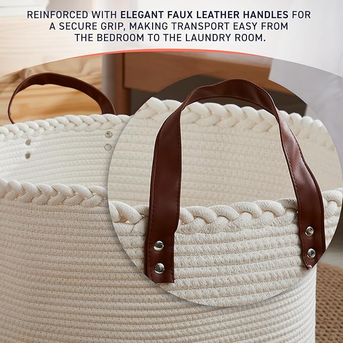 XLarge Round Cotton Rope Storage Basket Bin Organizer Laundry Hamper with Leather Handles, 21 x 21 x 14, Extra Large Blanket Woven Basket for Nursery - Cream