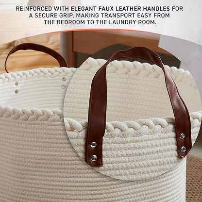 XLarge Round Cotton Rope Storage Basket Bin Organizer Laundry Hamper with Leather Handles, 21 x 21 x 14, Extra Large Blanket Woven Basket for Nursery - Cream