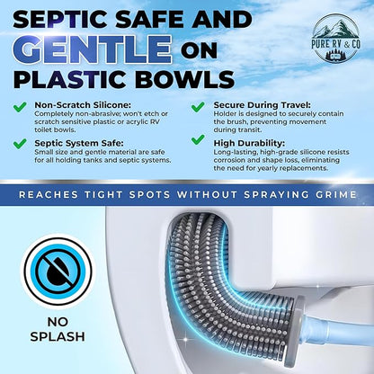 RV Tank Treatment Toilet Brush, Wall Mounted Holder & Septic Safe, Non-Scratch Silicone Flexible D-Head with Durable Long Handle for RVs,Trailers & Camper Bathrooms