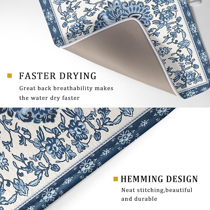 Boho Floral Blue Dish Drying Mat for Kitchen Counter 18x24 Vintage Chinoiserie Flower Print Absorbent Reversible Microfiber Drying Mats Kitchen Countertop Protector Dishes Drainer Rack Pad