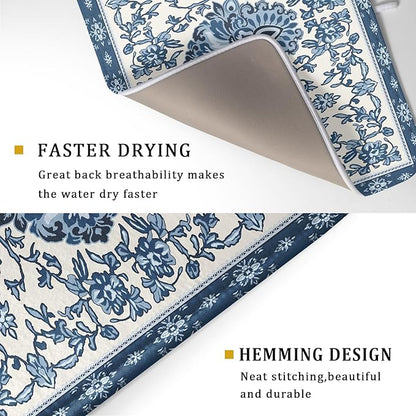 Boho Floral Blue Dish Drying Mat for Kitchen Counter 18x24 Vintage Chinoiserie Flower Print Absorbent Reversible Microfiber Drying Mats Kitchen Countertop Protector Dishes Drainer Rack Pad