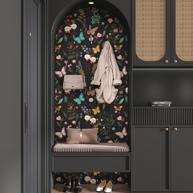 Boho Butterfly Adhesive Shelf Liner Contact Paper, 17.5" x 78" Vintage Black Floral Wallpaper for DIY Craft, Vinyl Removable Wallpaper for Dresser Dollhouse Cabinet Drawer in Dark Colorful