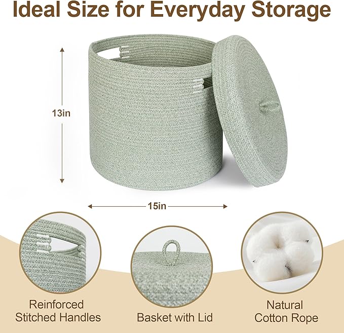 Storage Basket with Lid, Woven Blanket Storage for Living Room, Cotton Rope Bin with Lid, Round Wicker Laundry Basket with Cover, Lidded Kid Dog Toy Box, Nursery Organizer, 15"x13", Green