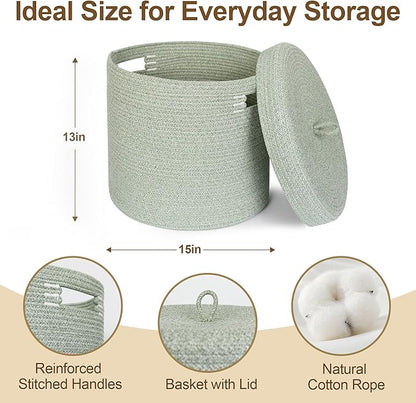 Storage Basket with Lid, Woven Blanket Storage for Living Room, Cotton Rope Bin with Lid, Round Wicker Laundry Basket with Cover, Lidded Kid Dog Toy Box, Nursery Organizer, 15"x13", Green